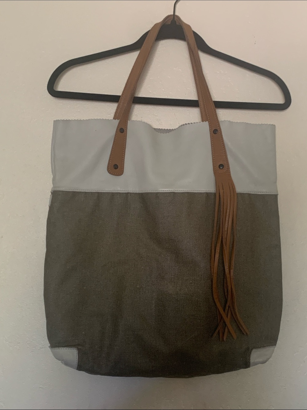 Atelier Two-Tone Gray and Tan Fringe Tote